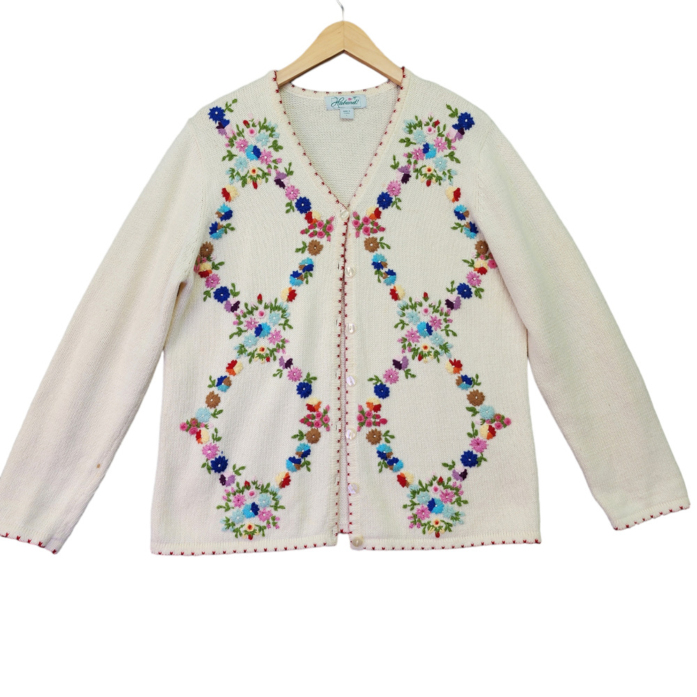 Haband Sweater Women’s Large Embroidered Floral Button-Up Cardigan Cottagecore - Picture 9 of 16